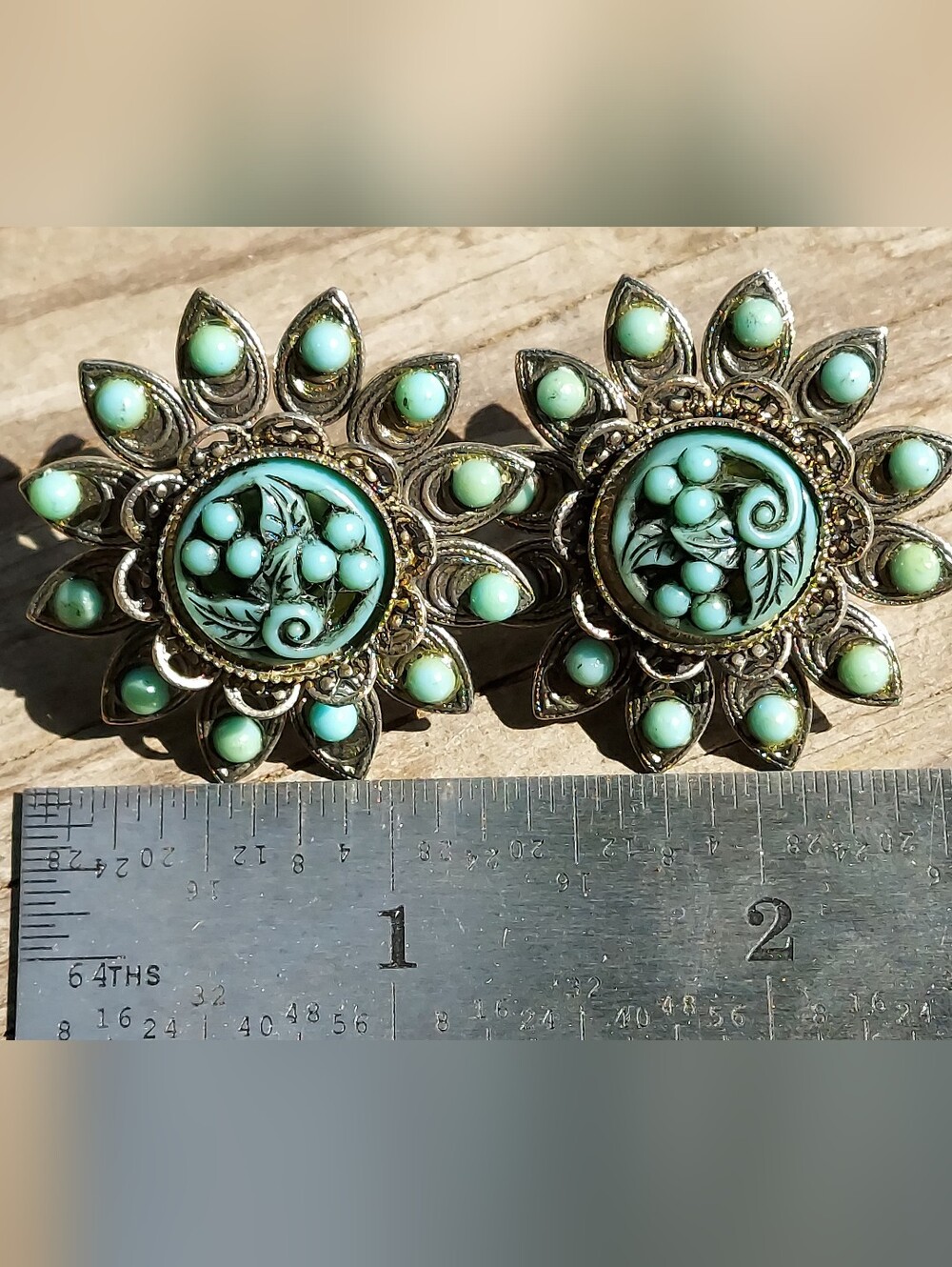 Vintage Western Filigree Floral Faux Turquoise Clip Earrings - Picture 2 of 3